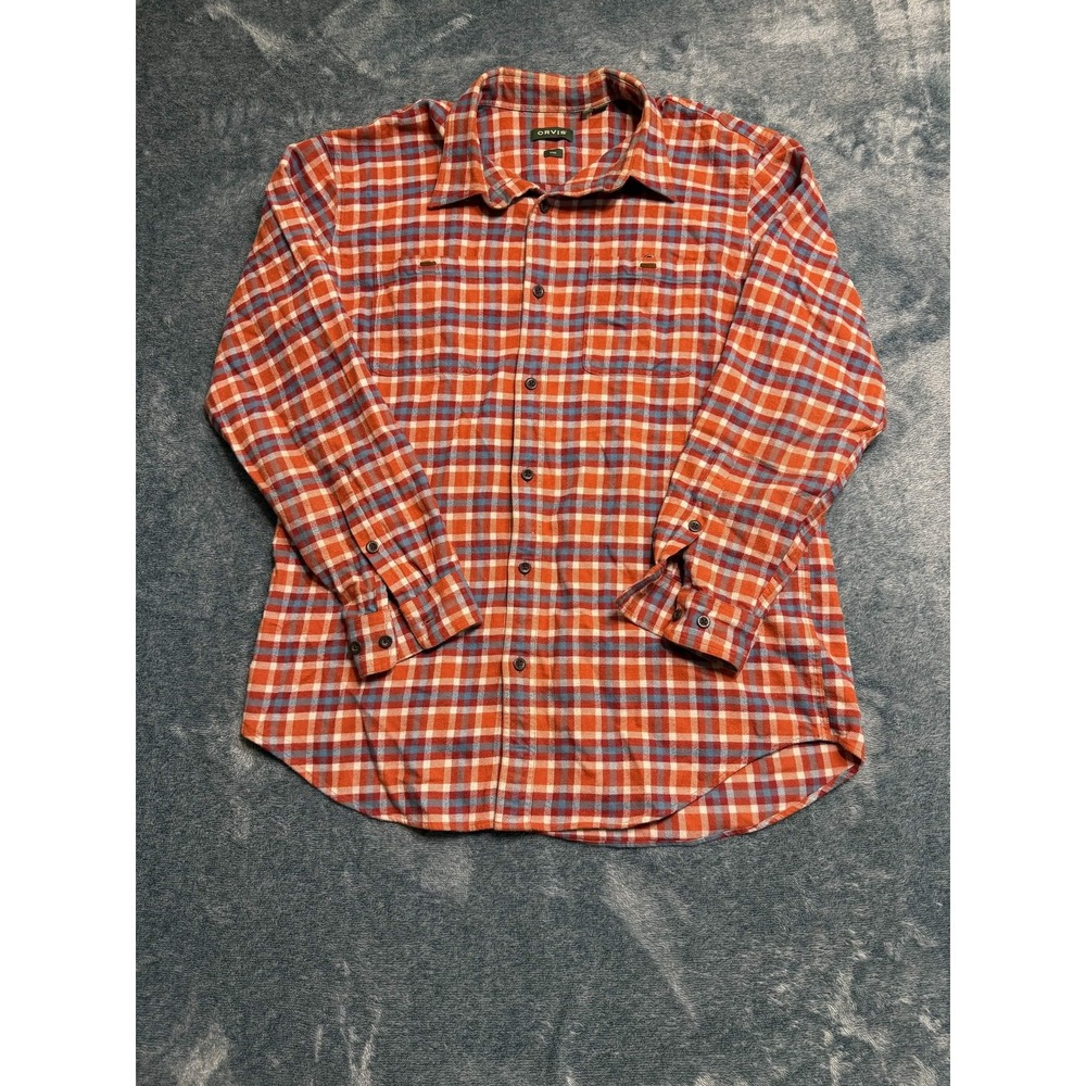 Orvis Men's Perfect Flannel Shirt XL Tall Orange Blue Plaid 100% Cotton